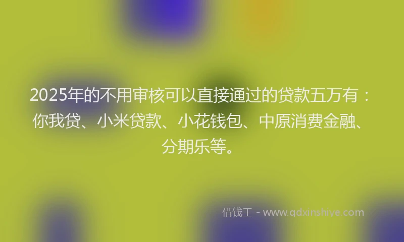 2025年的不用审核可以直接通过的贷款五万有：你我贷、小米贷款、小花钱包、中原消费金融、分期乐等。