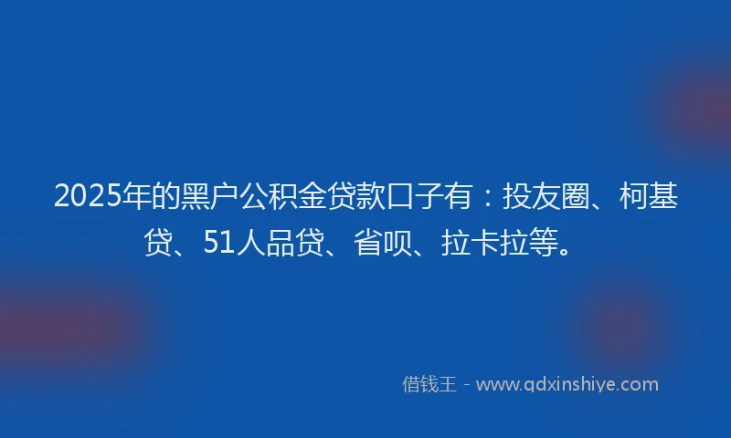 2025年的黑户公积金贷款口子有：投友圈、柯基贷、51人品贷、省呗、拉卡拉等。