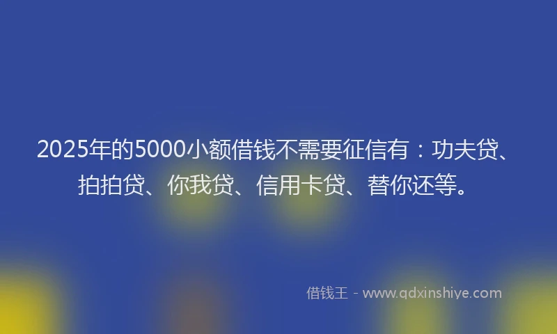 2025年的5000小额借钱不需要征信有：功夫贷、拍拍贷、你我贷、信用卡贷、替你还等。