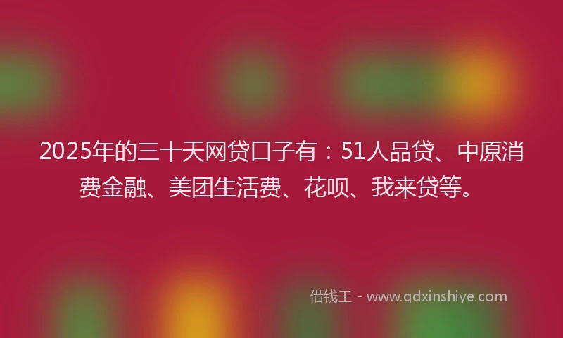 2025年的三十天网贷口子有：51人品贷、中原消费金融、美团生活费、花呗、我来贷等。