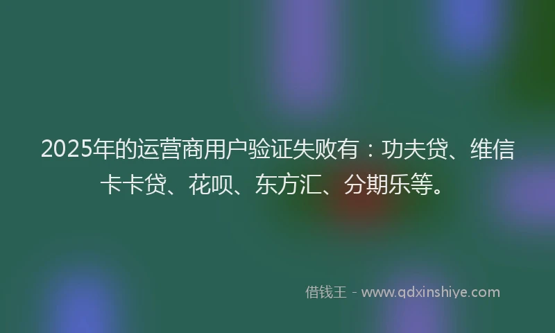 2025年的运营商用户验证失败有：功夫贷、维信卡卡贷、花呗、东方汇、分期乐等。