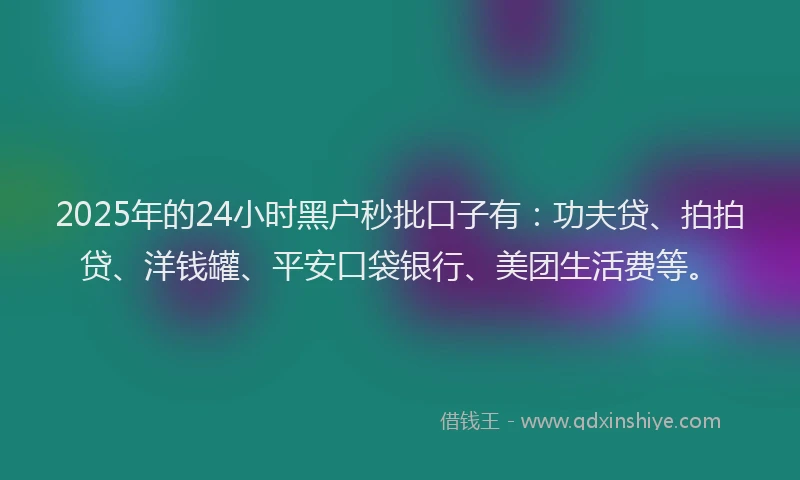 2025年的24小时黑户秒批口子有：功夫贷、拍拍贷、洋钱罐、平安口袋银行、美团生活费等。