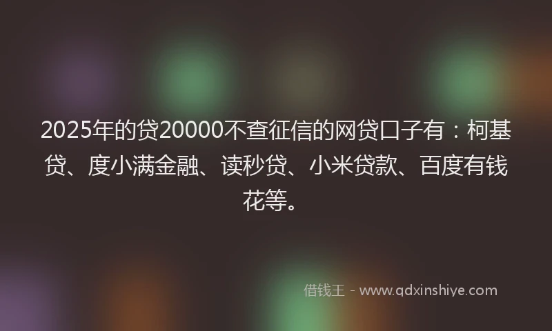 2025年的贷20000不查征信的网贷口子有：柯基贷、度小满金融、读秒贷、小米贷款、百度有钱花等。