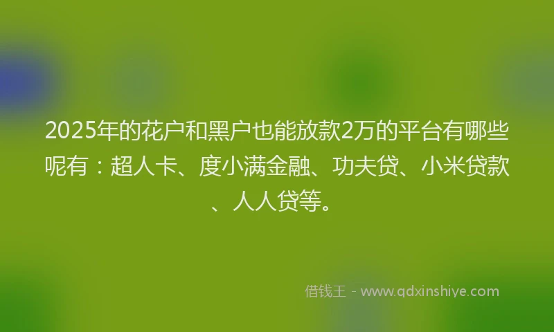 2025年的花户和黑户也能放款2万的平台有哪些呢有：超人卡、度小满金融、功夫贷、小米贷款、人人贷等。