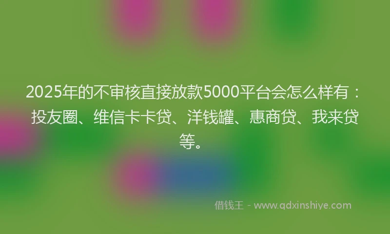 2025年的不审核直接放款5000平台会怎么样有：投友圈、维信卡卡贷、洋钱罐、惠商贷、我来贷等。