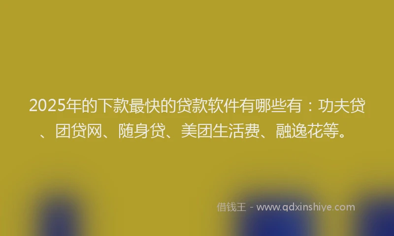 2025年的下款最快的贷款软件有哪些有：功夫贷、团贷网、随身贷、美团生活费、融逸花等。