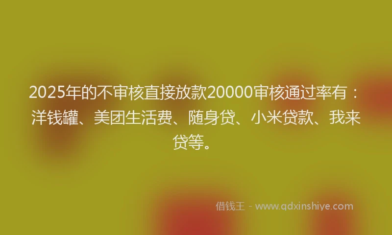 2025年的不审核直接放款20000审核通过率有：洋钱罐、美团生活费、随身贷、小米贷款、我来贷等。