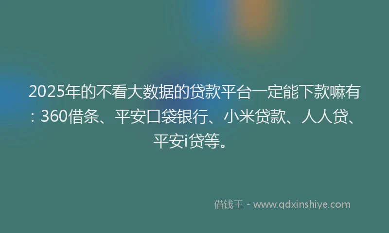 2025年的不看大数据的贷款平台一定能下款嘛有：360借条、平安口袋银行、小米贷款、人人贷、平安i贷等。