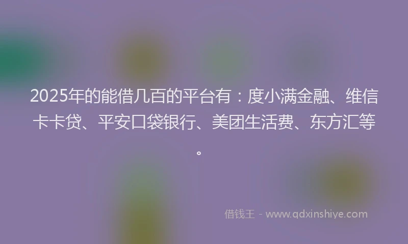 2025年的能借几百的平台有：度小满金融、维信卡卡贷、平安口袋银行、美团生活费、东方汇等。