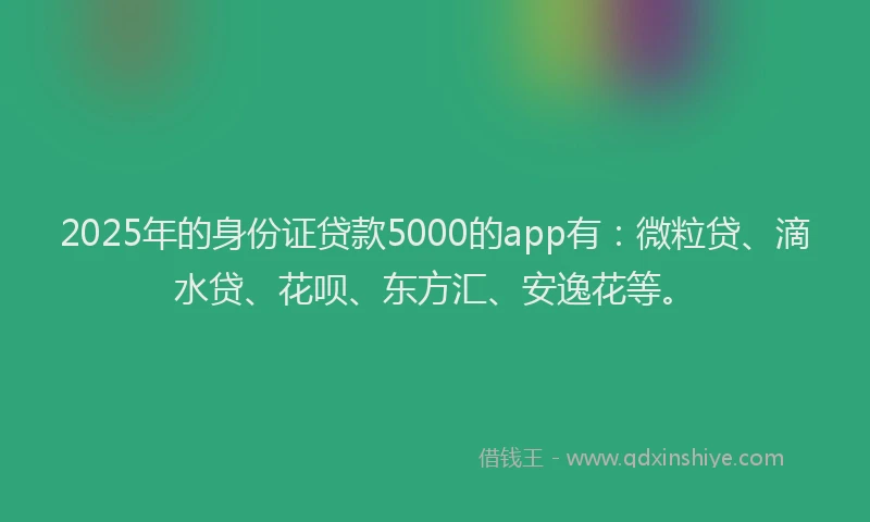 2025年的身份证贷款5000的app有：微粒贷、滴水贷、花呗、东方汇、安逸花等。
