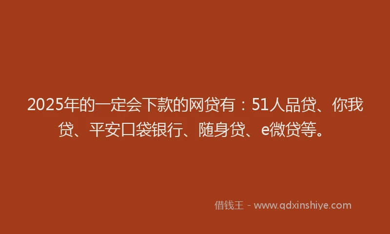 2025年的一定会下款的网贷有：51人品贷、你我贷、平安口袋银行、随身贷、e微贷等。