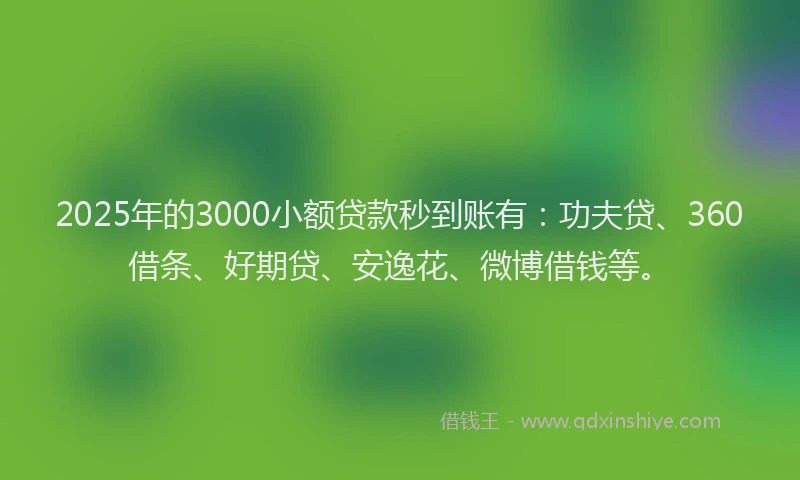 2025年的3000小额贷款秒到账有：功夫贷、360借条、好期贷、安逸花、微博借钱等。