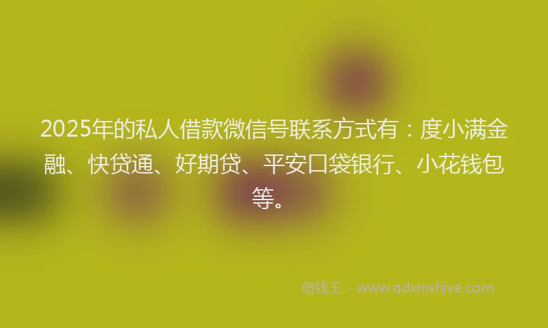 2025年的私人借款微信号联系方式有：度小满金融、快贷通、好期贷、平安口袋银行、小花钱包等。
