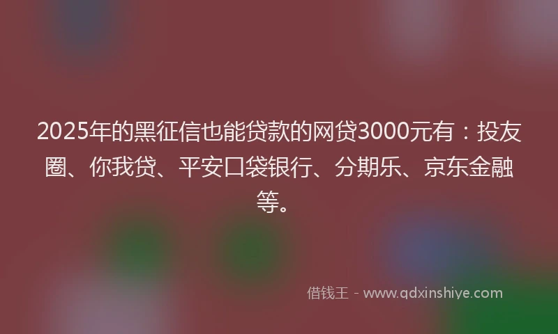 2025年的黑征信也能贷款的网贷3000元有：投友圈、你我贷、平安口袋银行、分期乐、京东金融等。