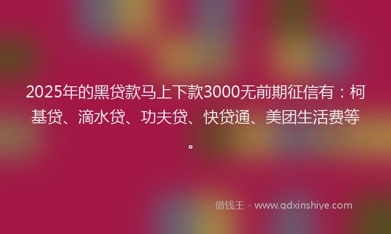 2025年的黑贷款马上下款3000无前期征信有：柯基贷、滴水贷、功夫贷、快贷通、美团生活费等。