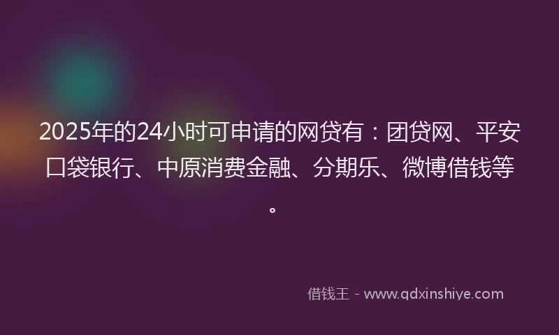 2025年的24小时可申请的网贷有：团贷网、平安口袋银行、中原消费金融、分期乐、微博借钱等。