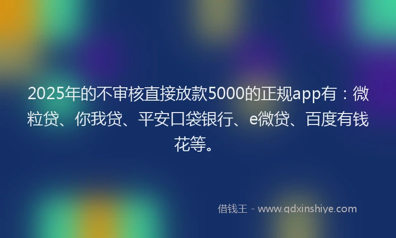 2025年的不审核直接放款5000的正规app有：微粒贷、你我贷、平安口袋银行、e微贷、百度有钱花等。