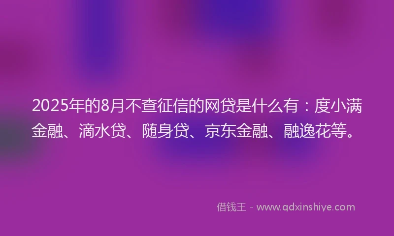 2025年的8月不查征信的网贷是什么有：度小满金融、滴水贷、随身贷、京东金融、融逸花等。
