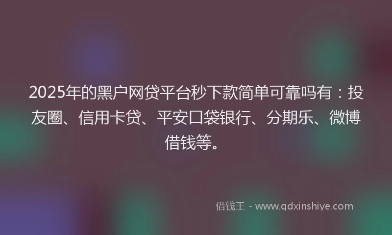 2025年的黑户网贷平台秒下款简单可靠吗有：投友圈、信用卡贷、平安口袋银行、分期乐、微博借钱等。
