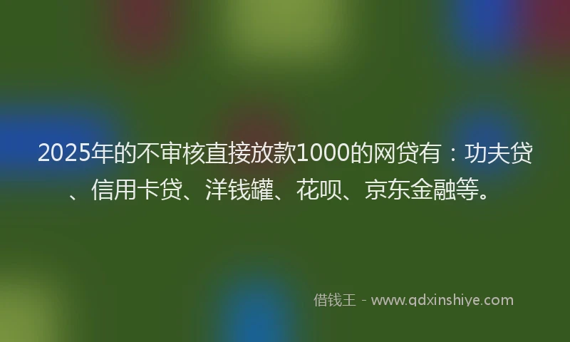 2025年的不审核直接放款1000的网贷有：功夫贷、信用卡贷、洋钱罐、花呗、京东金融等。
