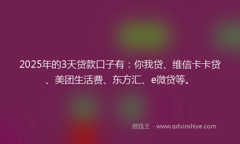 2025年的3天贷款口子有：你我贷、维信卡卡贷、美团生活费、东方汇、e微贷等。
