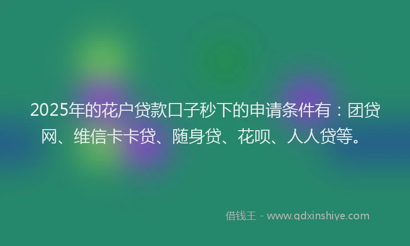 2025年的花户贷款口子秒下的申请条件有：团贷网、维信卡卡贷、随身贷、花呗、人人贷等。