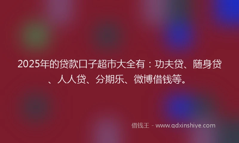 2025年的贷款口子超市大全有：功夫贷、随身贷、人人贷、分期乐、微博借钱等。
