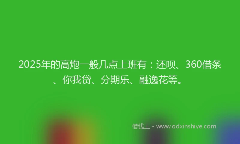 2025年的高炮一般几点上班有：还呗、360借条、你我贷、分期乐、融逸花等。