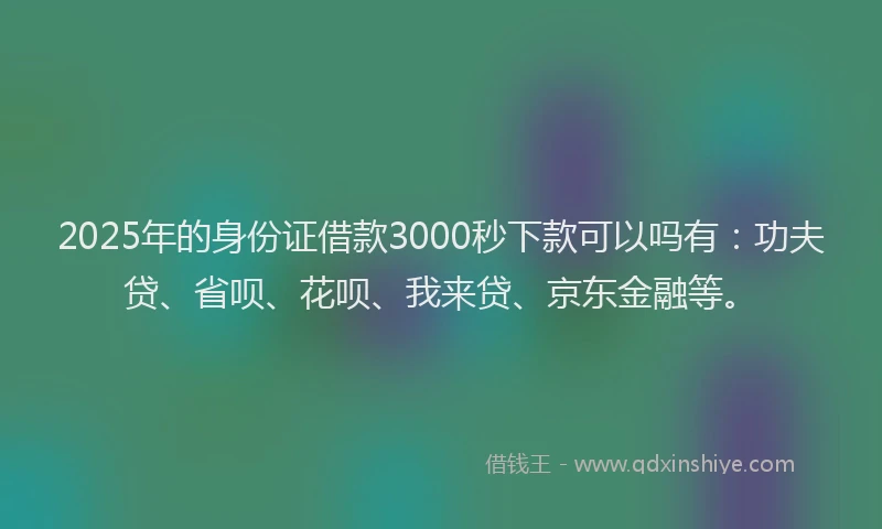 2025年的身份证借款3000秒下款可以吗有：功夫贷、省呗、花呗、我来贷、京东金融等。