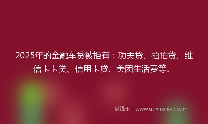 2025年的金融车贷被拒有：功夫贷、拍拍贷、维信卡卡贷、信用卡贷、美团生活费等。