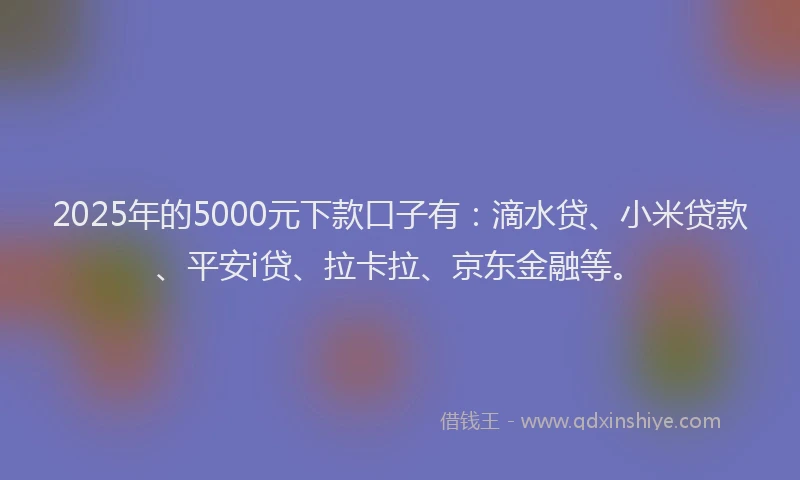 2025年的5000元下款口子有：滴水贷、小米贷款、平安i贷、拉卡拉、京东金融等。