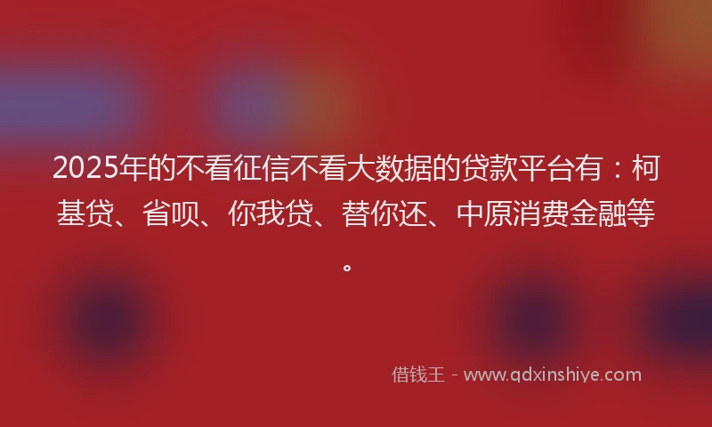 2025年的不看征信不看大数据的贷款平台有：柯基贷、省呗、你我贷、替你还、中原消费金融等。