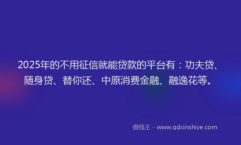 2025年的不用征信就能贷款的平台有：功夫贷、随身贷、替你还、中原消费金融、融逸花等。