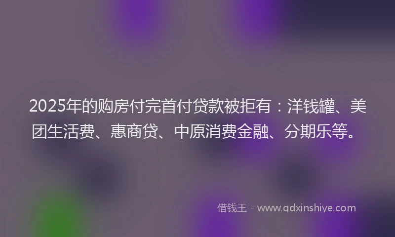 2025年的购房付完首付贷款被拒有：洋钱罐、美团生活费、惠商贷、中原消费金融、分期乐等。