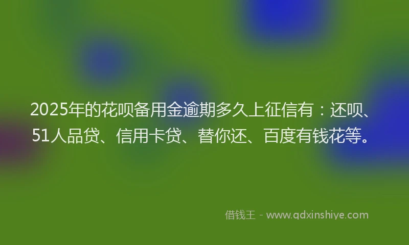 2025年的花呗备用金逾期多久上征信有：还呗、51人品贷、信用卡贷、替你还、百度有钱花等。