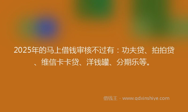 2025年的马上借钱审核不过有：功夫贷、拍拍贷、维信卡卡贷、洋钱罐、分期乐等。