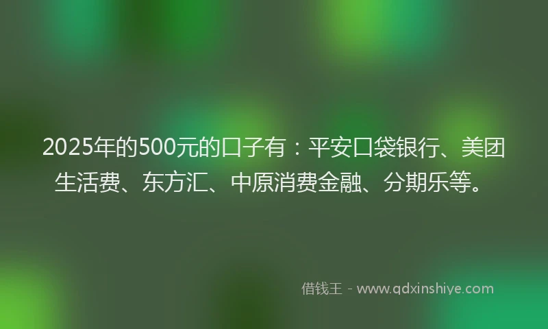 2025年的500元的口子有：平安口袋银行、美团生活费、东方汇、中原消费金融、分期乐等。