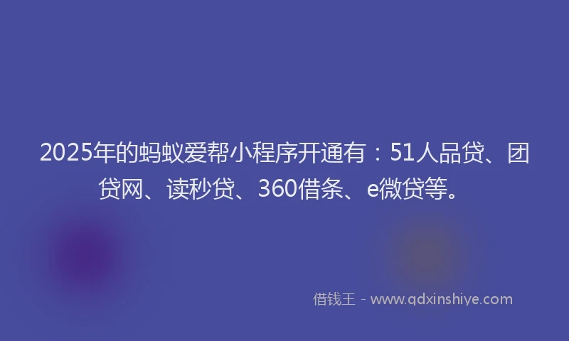 2025年的蚂蚁爱帮小程序开通有：51人品贷、团贷网、读秒贷、360借条、e微贷等。