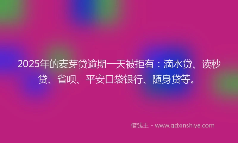 2025年的麦芽贷逾期一天被拒有：滴水贷、读秒贷、省呗、平安口袋银行、随身贷等。