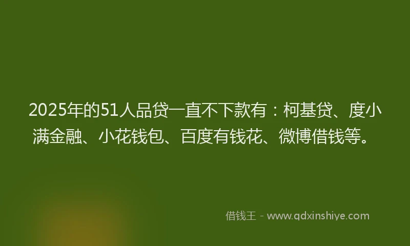 2025年的51人品贷一直不下款有：柯基贷、度小满金融、小花钱包、百度有钱花、微博借钱等。