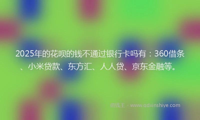 2025年的花呗的钱不通过银行卡吗有：360借条、小米贷款、东方汇、人人贷、京东金融等。