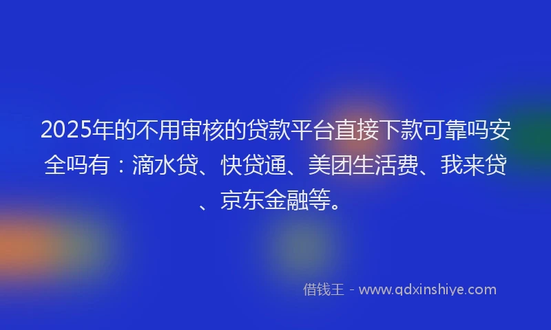 2025年的不用审核的贷款平台直接下款可靠吗安全吗有：滴水贷、快贷通、美团生活费、我来贷、京东金融等。