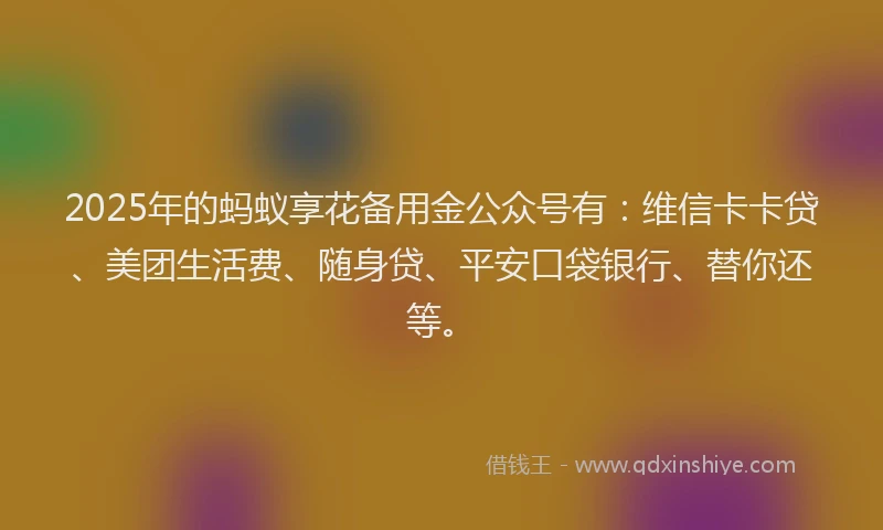 2025年的蚂蚁享花备用金公众号有：维信卡卡贷、美团生活费、随身贷、平安口袋银行、替你还等。
