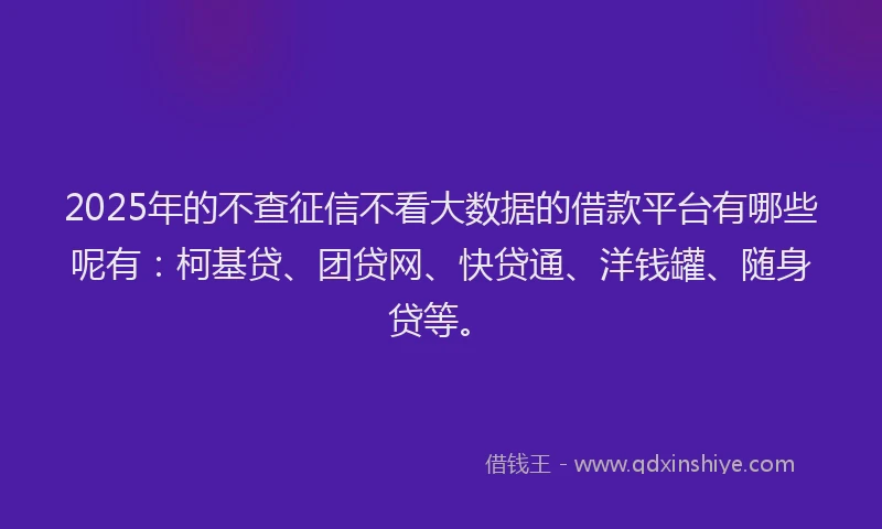 2025年的不查征信不看大数据的借款平台有哪些呢有：柯基贷、团贷网、快贷通、洋钱罐、随身贷等。