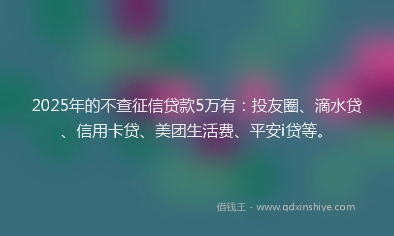 2025年的不查征信贷款5万有：投友圈、滴水贷、信用卡贷、美团生活费、平安i贷等。