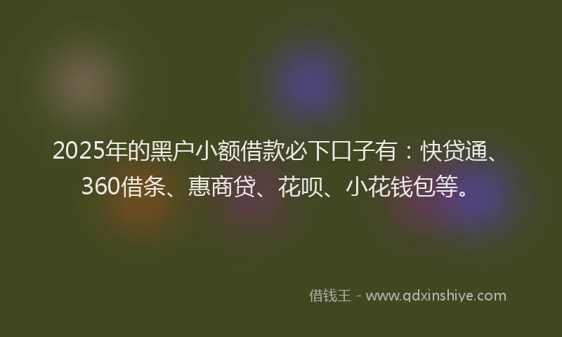 2025年的黑户小额借款必下口子有：快贷通、360借条、惠商贷、花呗、小花钱包等。