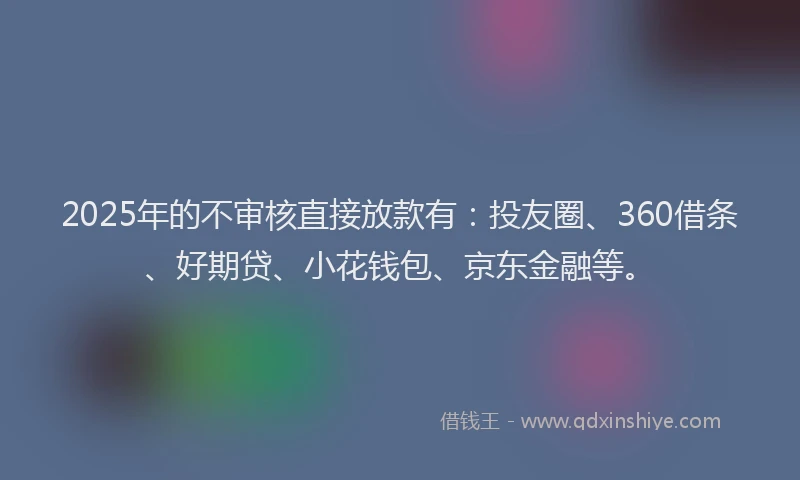 2025年的不审核直接放款有：投友圈、360借条、好期贷、小花钱包、京东金融等。