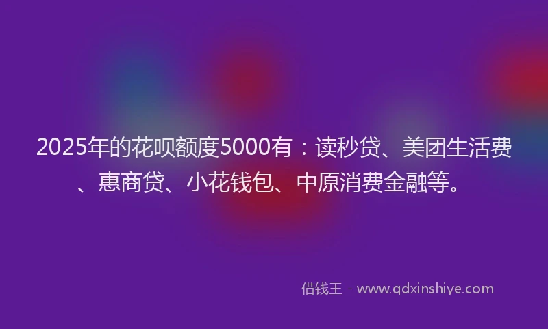 2025年的花呗额度5000有：读秒贷、美团生活费、惠商贷、小花钱包、中原消费金融等。