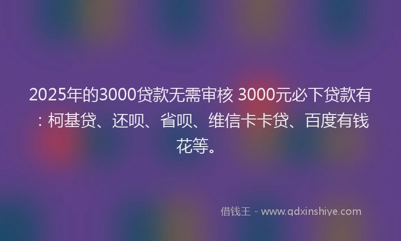 2025年的3000贷款无需审核 3000元必下贷款有：柯基贷、还呗、省呗、维信卡卡贷、百度有钱花等。