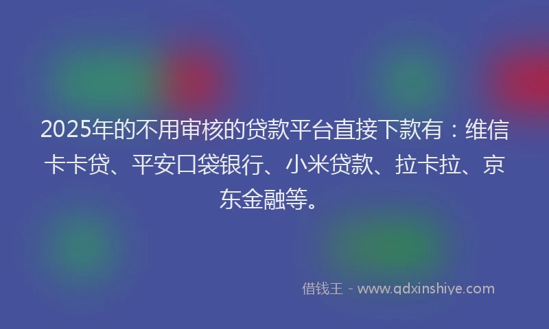 2025年的不用审核的贷款平台直接下款有：维信卡卡贷、平安口袋银行、小米贷款、拉卡拉、京东金融等。